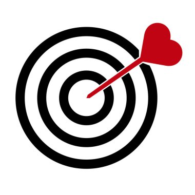 Hedef simge, hedef üzerinde kırmızı kalp oku, düz stil moda renk nesnesi. Romantizm, aşk, sevgililer günü fikri veya konsept resimleme elementi beyaz arkaplanda izole edilmiş.