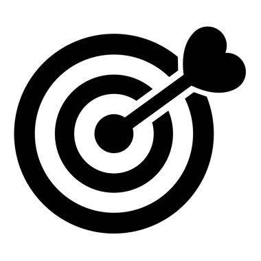 Hedef üzerinde kalp oku olan hedef simgesi, siyah renkli düz stil çizim nesnesi. Romantizm, aşk, sevgililer günü, evlilik, fikir fikri illüstrasyon grafik elementi beyaz arka planda izole.