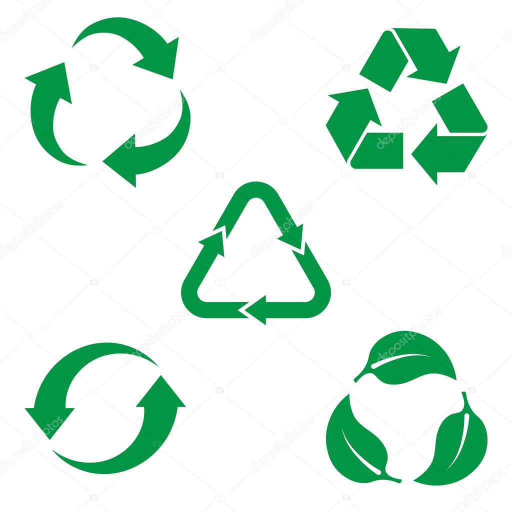 Recycled eco vector icon, cycle arrows vector icon set, set of green color drawing elements isolated on white background.