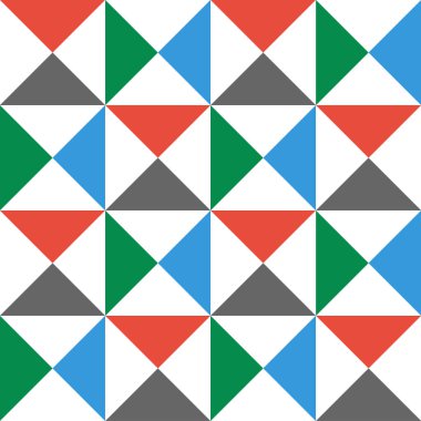 Geometrik desen, kırmızı, beyaz, yeşil ve gri üçgen döşemeli desen, kusursuz yinelenen güzel arkaplan.