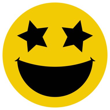 Yıldız gözlü mutlu yüz simgesi, sarı renk düz biçim vektör tasarımı, komik konsept, komik element nesnesi, beyaz arkaplanda izole edilmiş.