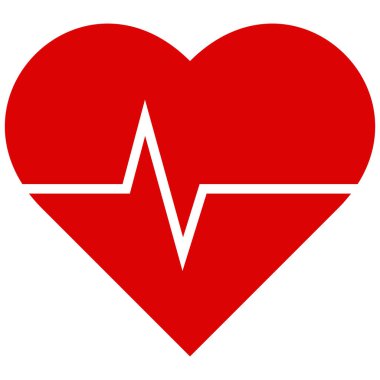 Kalp atışı monitörlü kırmızı kalp, kalp atışı konsepti, düz stil vektör resim ikonu, nefes alma ve yaşam işareti. Kardiyogram, kan basıncı, sağlık EKG ve EKG logosu için görüntü izole edildi.