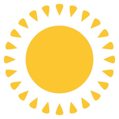 Sarı güneş ikonu, sıcak yaz düz vektör tasarımı. Beyaz arkaplanda izole edilmiş güneş ışığı, doğa ve gökyüzü nesnesi çizimi sembolü.