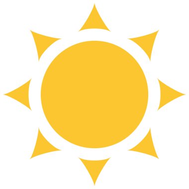 Sarı güneş ikonu, düz stil sıcak yaz vektör tasarımı. Beyaz arkaplanda izole edilmiş güneş ışığı, doğa ve gökyüzü nesnesi çizimi sembolü.