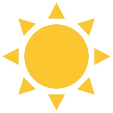 Güneş ikonu, sarı renk sıcak yaz düz vektör tasarımı. Beyaz arkaplanda izole edilmiş güneş ışığı, doğa ve gökyüzü nesnesi çizimi sembolü.