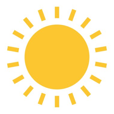 Sarı renkli sıcak güneş ikonu, düz stil yaz gökyüzü nesne tasarımı. Güneş ışığı, doğa, beyaz arkaplanda izole edilmiş illüstrasyon sembolü.