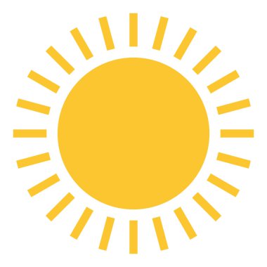 Sarı güneş ikonu, düz stil sıcak yaz vektör tasarımı. Beyaz arkaplanda izole edilmiş güneş ışığı, doğa ve gökyüzü nesnesi çizimi sembolü.