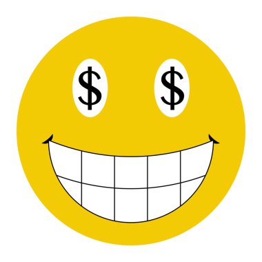 Sarı mutlu yüz simgesi, düz stil vektör tasarımı dişleri ve dolar işareti gözleri, komik element nesnesi, komik para kazanma konsepti beyaz arkaplanda izole edilmiş..
