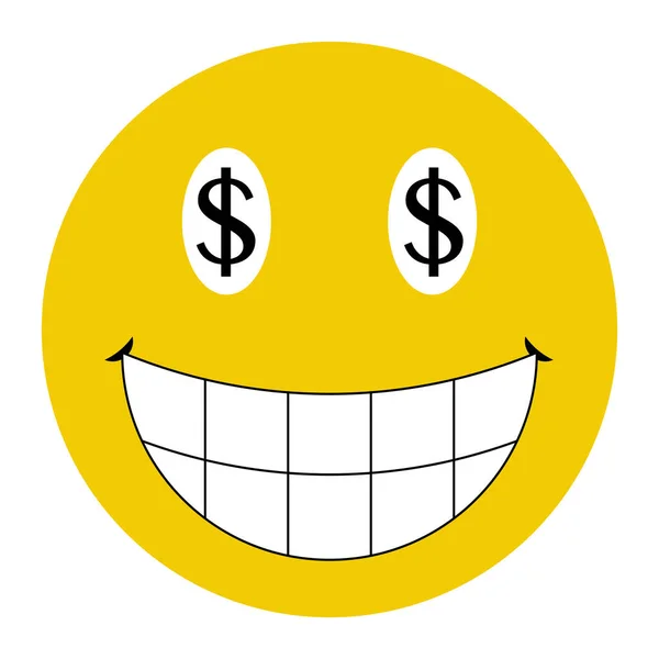 黄色の幸せな顔のアイコン 歯とドル記号の目を持つ平らなスタイルのベクトルデザイン 笑いの要素オブジェクト 面白いお金の勝利の概念は白い背景に隔離された — ストックベクタ