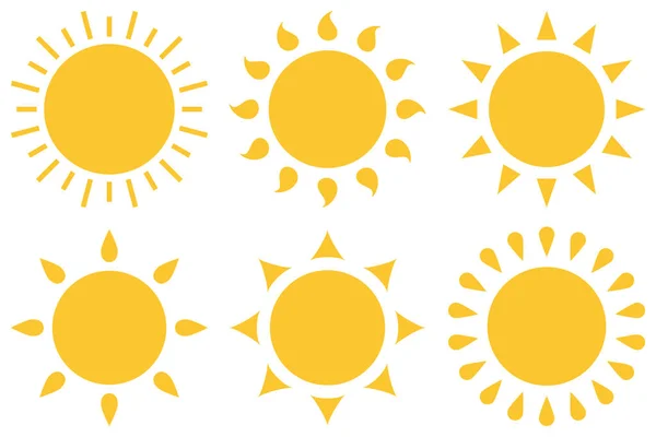 Sarı Güneş Ikonu Seti Düz Stil Sıcak Yaz Vektör Tasarımı — Stok Vektör