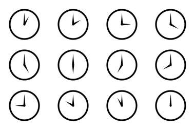 Analog çember saat simgesi seti, her saat düz stil basit siyah renk çizgisi ve dolgu saat yüzü yok. Beyaz arkaplanda 1 ila 12 saat arası izole edilmiş zaman aralığı vektör çizimi.