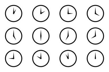 Analog çember saat simgesi seti, her saat düz stil basit siyah renk ve beyaz çizgi saat yüzü. Beyaz arkaplanda 1 ila 12 saat arası izole edilmiş zaman aralığı vektör çizimi.