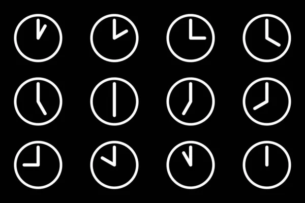 模拟圆形时钟图标集 每时每刻平面风格简单的白色线条 没有填充表面 在黑暗背景下孤立的1 12小时计时器显示矢量图 — 图库矢量图片