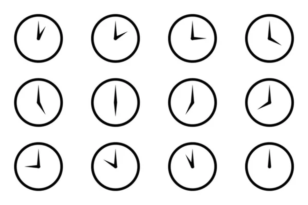 模拟圆形时钟图标集 每时每刻平面风格简单的黑色线条 没有填充手表脸 在白色背景上孤立的1 12小时计时器显示矢量图 — 图库矢量图片