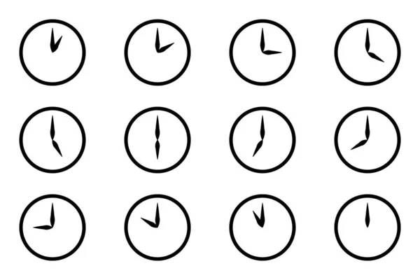 模拟圆形时钟图标集 每小时平面风格简单的黑色 没有填充线手表脸 在白色背景上孤立的1 12小时计时器显示矢量图 — 图库矢量图片