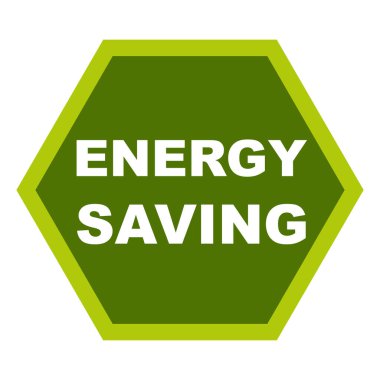 Enerji tasarrufu logosu, yeşil renkli altıgen şekilli. Etiket, etiket, pul fikri simgesi, beyaz arkaplanda izole edilmiş eko vektör çizelgesi.