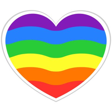 Kalp, dalgalı çizgilerle dolu gökkuşağı ve LGBTQ + renkleri, beyaz çizgiler. Gurur ayı, romantizm, eşitlik için basit vektör tasarım ikonu, her cinsiyeti kutlar. Grafik tasarımı.