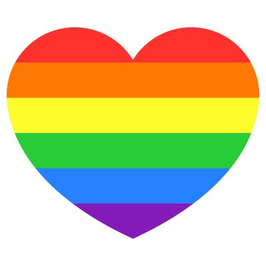 Kalp, yatay çizgilerle doldur gökkuşağı renklerini. Gurur ayı, romantizm, eşitlik için basit vektör tasarım ikonu, her cinsiyeti kutlar. Grafik tasarımı beyazda izole edildi.