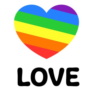 Aşk metniyle gökkuşağı renginde kalp. Gurur ayı, romantizm, eşitlik için basit vektör tasarım ikonu, her cinsiyeti kutlar. Grafik tasarımı beyazda izole edildi.