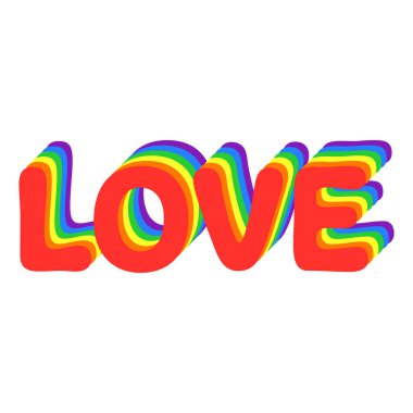 Gökkuşağı renklerinde katmanlı ove metni. Düz stil vektör tasarımı romantizm, eşitlik, her cinsiyet için gurur ayı kutlaması. Grafik tasarımı beyazda izole edildi.