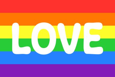 Beyaz aşk metniyle bayrak, dikdörtgen şekil yatay çizgilerle dolu gökkuşağı renkleri. Gurur ayı, romantizm, eşitlik, her cinsiyet için düz biçim basit vektör tasarım simgesi.