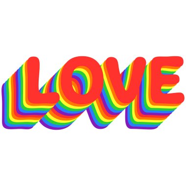 Gökkuşağı renginde katmanlı aşk metni. Düz stil vektör tasarımı romantizm, eşitlik, her cinsiyet için gurur ayı kutlaması. Grafik tasarımı beyazda izole edildi.