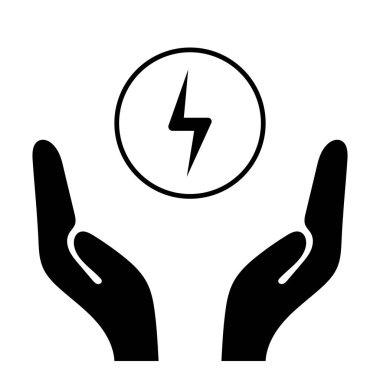 Enerji tasarrufu, elektrik kullanımı, elleri olan siyah renk elektrik simgesi. Beyaz arkaplanda ekolojik enerji ve çevre dostu kaynak vektörü kavramı izole edildi.