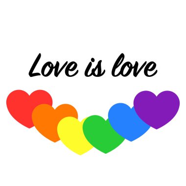 Aşk, gökkuşağı renginde kalp şekilli aşk metnidir. Düz stil basit vektör nesne tasarım ikonu. Gurur ayı, romantizm, eşitlik, her cinsiyeti kutlamak için. Grafik tasarımı beyazda izole edildi.