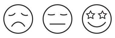 Tatmin geribildirim anketi emojisi, düz stil siyah çizgi renk derecelendirme simgeleri. Yıldız gözleri ile iyi, kötü, ortalama simgeler hüzünlü, nötr ve mutlu yüz sembolleri ile beyaz arka planda izole.