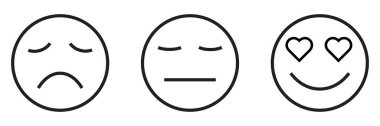 Tatmin geribildirim anketi emojisi, düz stil siyah çizgi renk derecelendirme simgeleri. Kalp gözleri iyi, kötü, ortalama simgeler hüzünlü, nötr ve mutlu yüz sembolleri beyaz arkaplanda izole edilmiş..