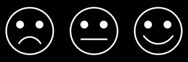 Tatmin geri bildirim anketi emojisi, düz stil beyaz çizgi renk derecelendirme simgeleri. İyi, kötü, ortalama simgeler üzgün, nötr ve mutlu ruh hali vektör sembolleri beyaz arka planda izole.