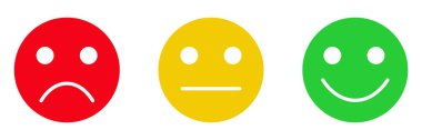 Memnuniyet geri bildirim anket emojisi, düz stil kırmızı, sarı, yeşil renk derecelendirme ifadeleri. İyi, kötü, ortalama simgeler üzgün, nötr ve mutlu ruh hali vektör sembolleri beyaz arka planda izole.
