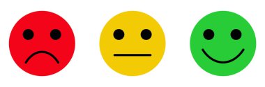 Memnuniyet geri bildirim anket emojisi, düz stil kırmızı, sarı, yeşil renk derecelendirme ifadeleri. İyi, kötü, ortalama simgeler üzgün, nötr ve mutlu ruh hali vektör sembolleri beyaz arka planda izole.
