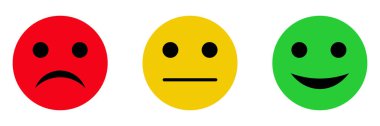 Memnuniyet geri bildirim anket emojisi, düz stil kırmızı, sarı, yeşil renk derecelendirme ifadeleri. İyi, kötü, ortalama simgeler üzgün, nötr ve mutlu ruh hali vektör sembolleri beyaz arka planda izole.
