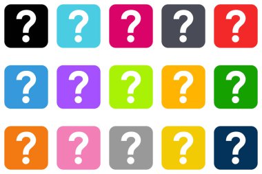 Soru işareti simgesi seti, düz stil kare tasarım yardım sembolü çeşitli renk, SQ veya sorgu işareti vektör grafik illüstrasyonu, web, uygulama, mobil, etiket, etiket, çıkartma için renkli düğmeler.