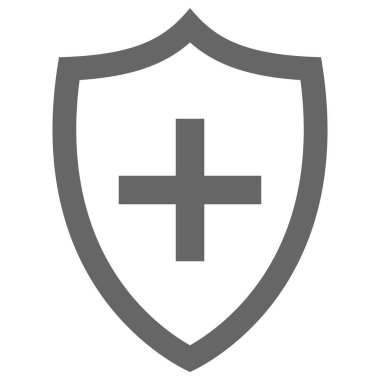 + işareti olan bir kalkan simgesi, düz stil gri, oyun için gri renk güzel vektör sembolü, web, uygulama, mobil ürün, servis, etiket, UI, logo. Resim tasarımı nesnesi beyaz arkaplanda izole edildi.