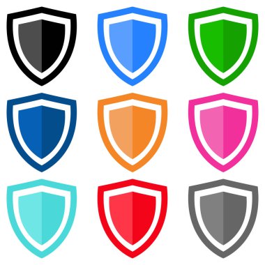 Kalkan simgesi seti, düz stil, siyah, mavi, yeşil, turuncu, kırmızı, pembe, oyun için gri renk sembolü, ağ, uygulama, mobil, ürün, servis, etiket, UI, logo. Moda tasarımı izole edildi