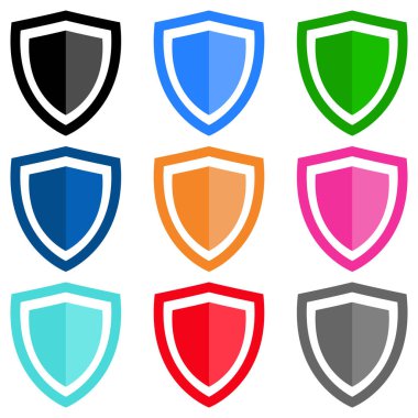 Kalkan simgesi seti, düz stil, siyah, mavi, yeşil, turuncu, kırmızı, pembe, oyun için gri renk sembolü, ağ, uygulama, mobil, ürün, servis, etiket, UI, logo. Moda tasarımı izole edildi