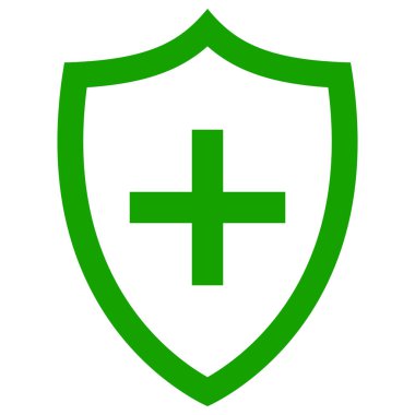 + işareti ile kalkan simgesi, düz yeşil renk oyun, web, uygulama, mobil, ürün, servis, UI, logo için güzel vektör sembolü. Resim tasarımı nesnesi beyaz arkaplanda izole edildi.