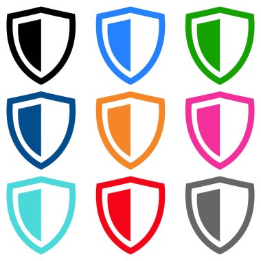 Kalkan simgesi seti, düz stil, siyah, mavi, yeşil, turuncu, kırmızı, pembe, oyun için gri renk sembolü, ağ, uygulama, mobil, ürün, servis, etiket, UI, logo. Moda tasarımı izole edildi