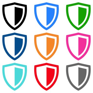 Kalkan simgesi seti, düz stil, siyah, mavi, yeşil, turuncu, kırmızı, pembe, oyun için gri renk sembolü, ağ, uygulama, mobil, ürün, servis, etiket, UI, logo. Moda tasarımı izole edildi
