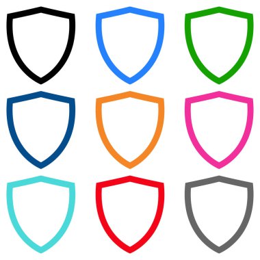 Kalkan simgesi seti, düz biçim taslağı, siyah, mavi, yeşil, turuncu, kırmızı, pembe, oyun için gri renk sembolü, web, uygulama, mobil, ürün, servis, etiket, UI, logo, vektör. Moda tasarımı izole edildi