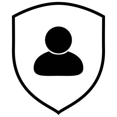 Kullanıcı koruma simgesi, düz stil siyah kalkan işareti, insan sembolü, hesap için profil avatarı, müşteri koruma fikri, konsept. İzole edilmiş arka plana sahip güzel vektör illüstrasyonu.