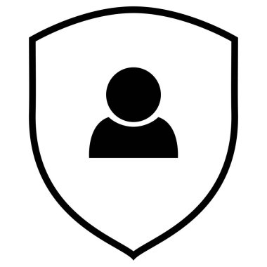 Kullanıcı koruma simgesi, düz stil siyah kalkan işareti, insan sembolü, hesap için profil avatarı, müşteri koruma fikri, konsept. İzole edilmiş arkaplan ile trend vektör illüstrasyonu.