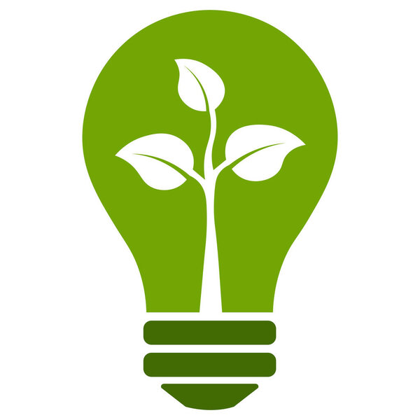Лампочка, зеленый цвет экологически чистой энергии значок с листом. Устойчивые, возобновляемые, логотип концепции зеленой энергии и экологически чистые источники графические, изолированные на белом фоне.