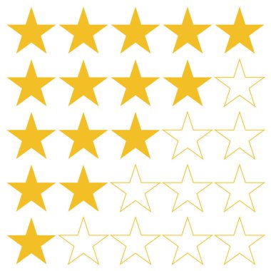 Yıldız reytinglerinin görsel temsili, tam yıldızlardan kısmi yıldızlara kadar çeşitli tatmin seviyelerini gösteriyor. Geribildirim ve incelemeler için kullanışlı bir araç.