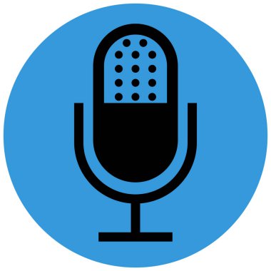 Mavi daireli, düz şekilli, siyah mikrofon rengi simgesi. Web, uygulama, mobil, oyun, UI, logo için sessiz mikrofon illüstrasyonu. İzole edilmiş arkaplana sahip ses, ses kaydı pictogram.