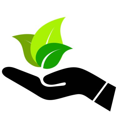 Siyah el, çevreci bakım ve sürdürülebilirliği simgeleyen üç canlı yeşil yaprağı nazikçe beşikte saklar. Basit grafik, büyüme, doğa ve çevre dostu kavramları temsil eder..