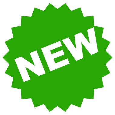 Yeni ürünler için yeşil renkli düz stil promosyon etiketi. Yıldız şekilli vektör illüstrasyon grafiği, açılı başlık tasarımı, web, UI, uygulama, mobil etiketi. Beyaz arkaplanda izole.
