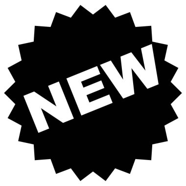 Yeni ürün için siyah renkli düz stil promosyon etiketi. Yıldız şekilli vektör çizimi, açılı metin tasarım rozeti, web, UI, uygulama, mobil etiketi. Beyaz arkaplanda izole.